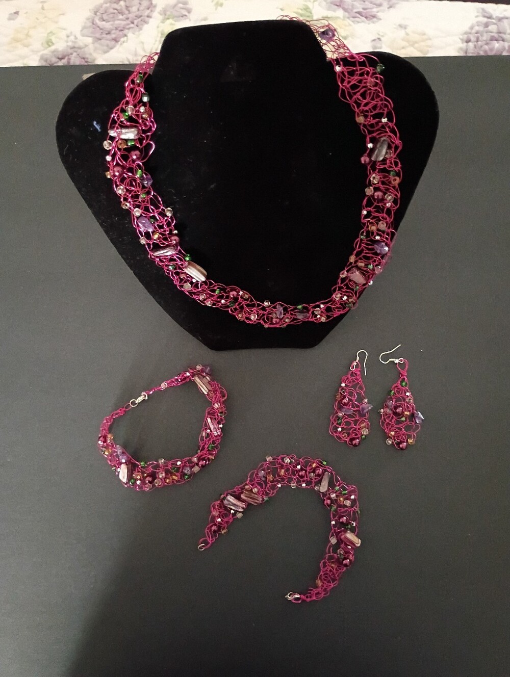 Handmade Magenta Wire Crochet Necklace & Bracelet Set